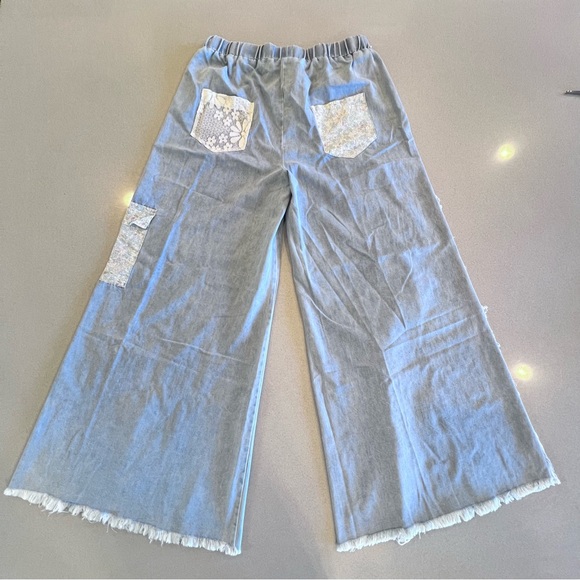 POL Light Blue Flare Jeans Star Patches Fabric Pockets Elastic Drawstring Waist - Picture 4 of 15